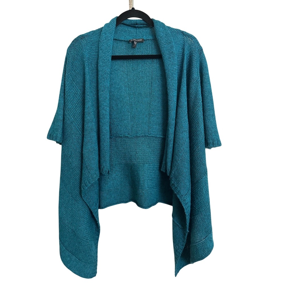 Eileen Fisher Alpaca Silk Knit Cardigan Sweater Teal Blue Short Sleeve Small